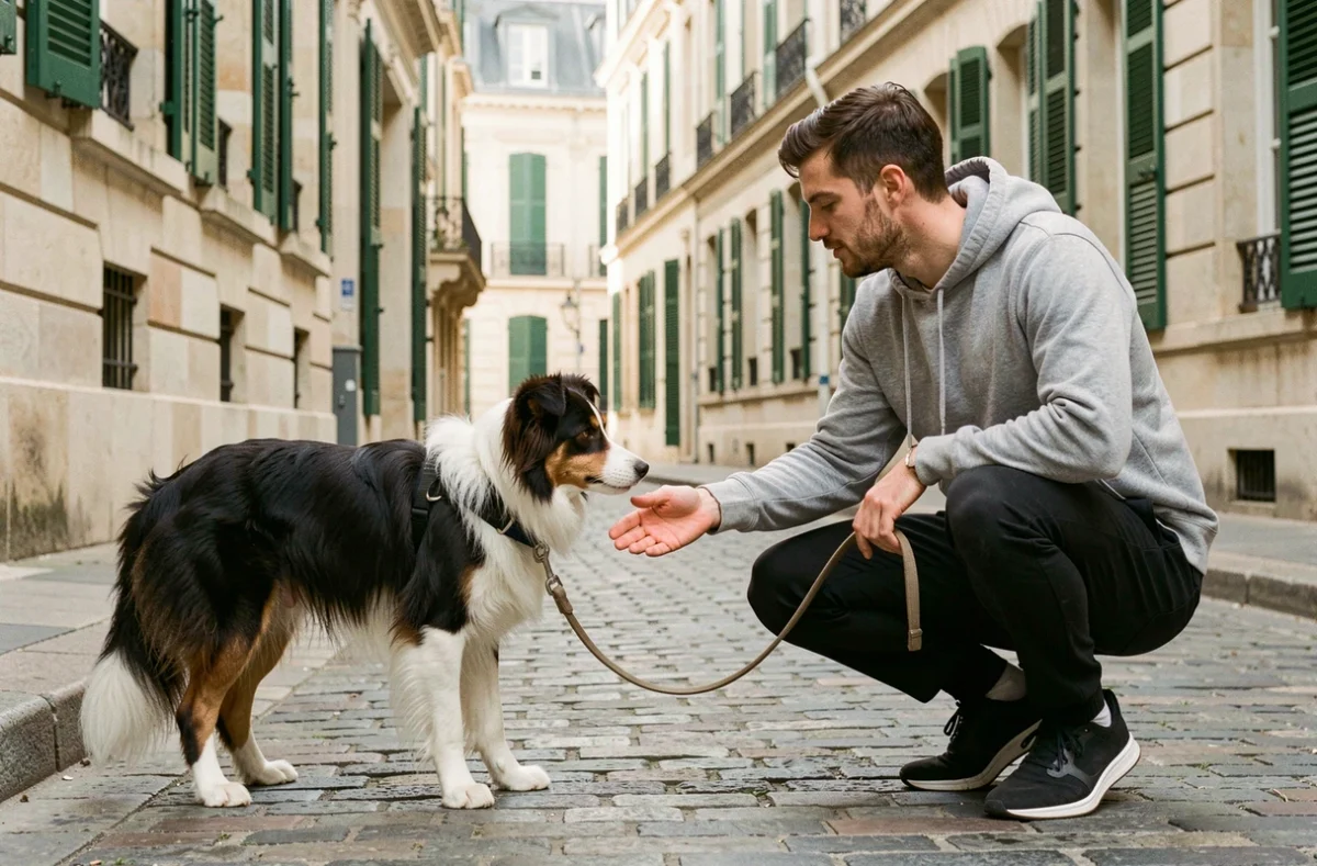 Théo, éducateur canin spécialisé en rééducation à Paris, avec un border collie timide