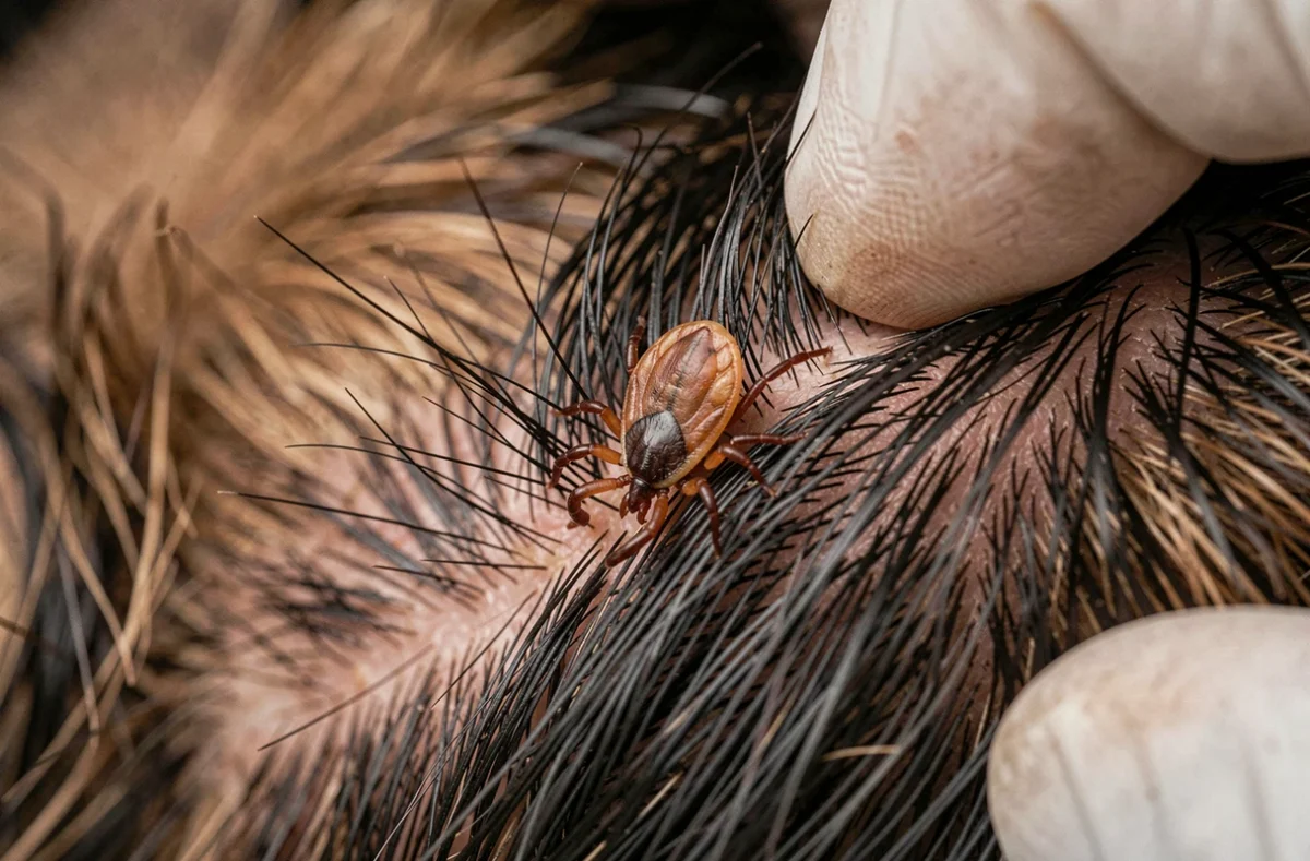 Gros plan d'une tique incrustée dans la peau d'un chien avec poils écartés