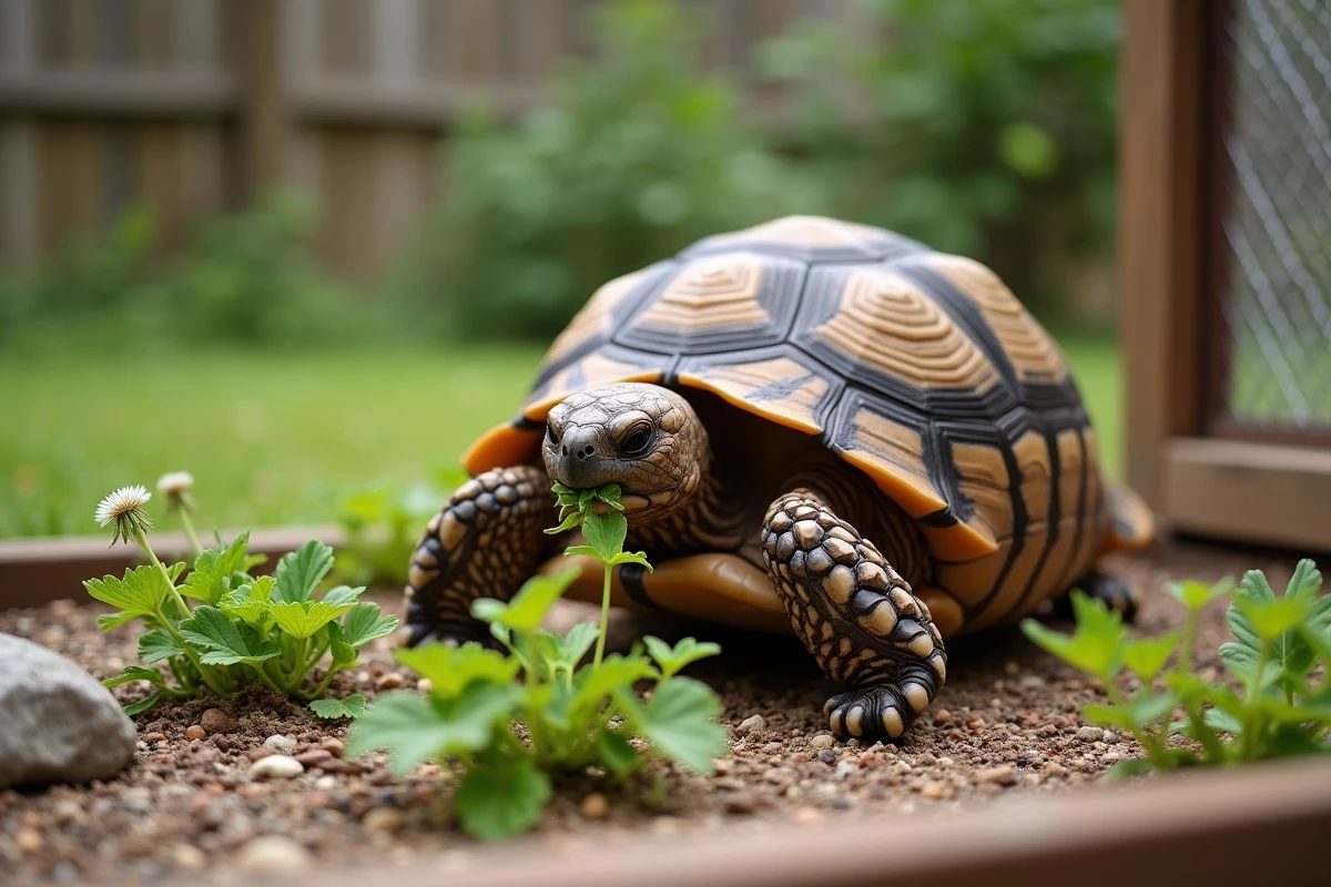 Tortue de Hermann mangeant des plantes comestibles bon marché cultivées dans son enclos extérieur naturalisé