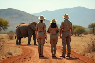 Touristes observant un éléphant sauvage en safari dans la savane africaine, illustrant l'impact du tourisme sur la faune