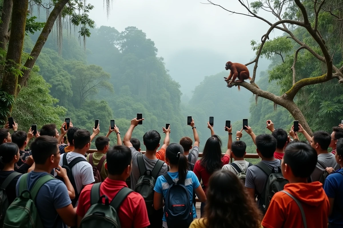Foule de touristes sur une plateforme d'observation en Bornéo regardant un orang-outan dans la forêt tropicale, pression du tourisme sur la biodiversité
