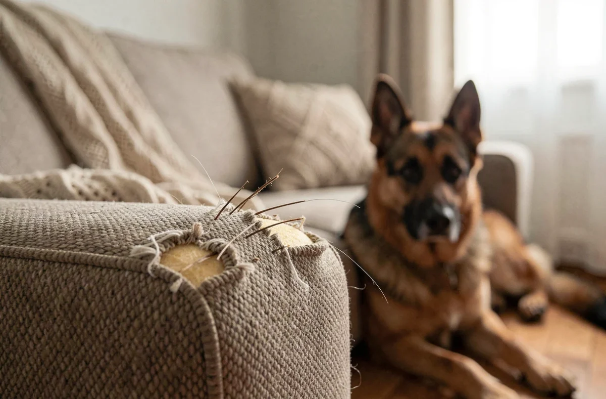 Gros plan sur les traces de griffures et fils tirés sur l'accoudoir d'un canapé abîmé par un chien