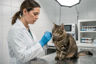 Vétérinaire préparant une injection de vaccin pour un chat tigré sur une table d'examen en cabinet vétérinaire