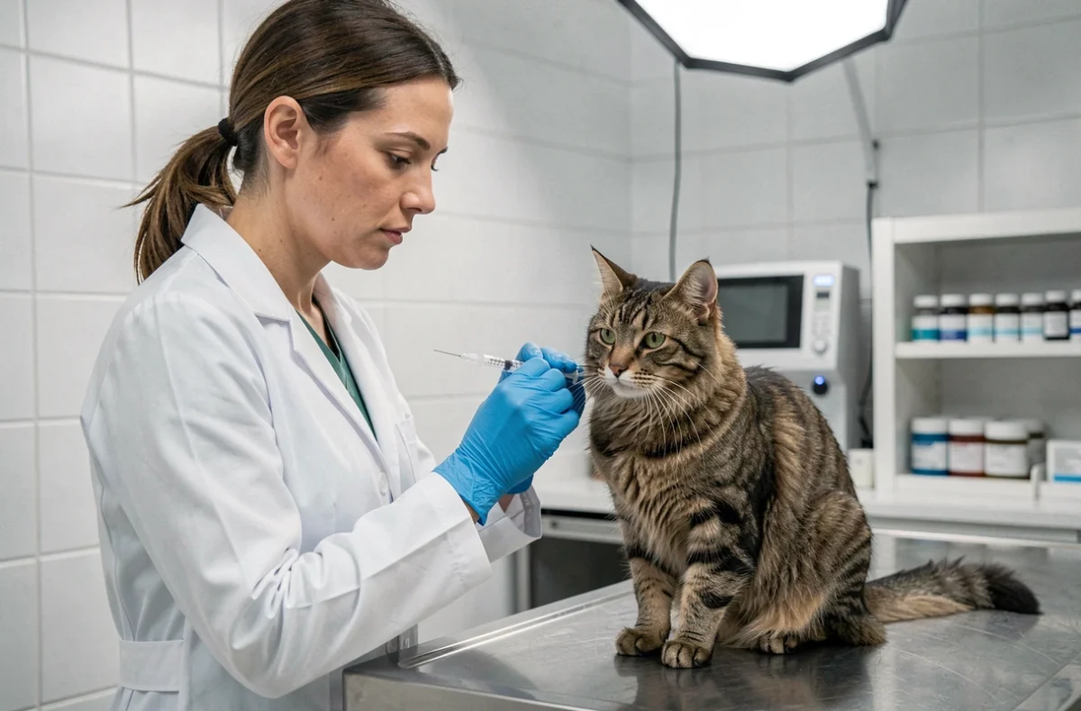 Vétérinaire préparant une injection de vaccin pour un chat tigré sur une table d'examen en cabinet vétérinaire