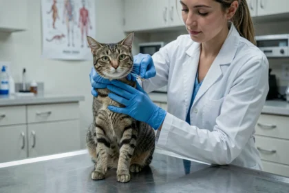 Vétérinaire qui vaccine un chat tigré sur une table d'examen en clinique vétérinaire