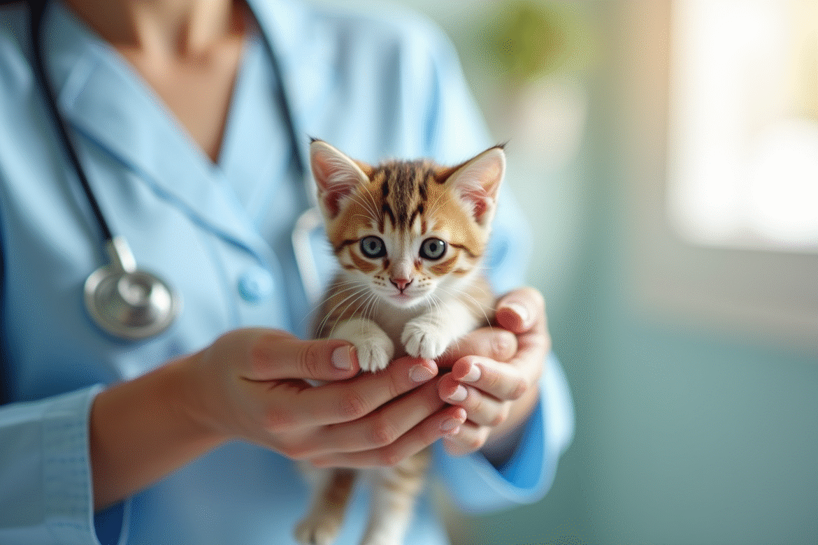 Vétérinaire tenant un chaton lors d'une vaccination lumineuse