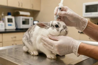 Vétérinaire préparant l'injection d'un vaccin à un lapin domestique sur une table d'examen en clinique vétérinaire
