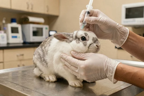 Vétérinaire préparant l'injection d'un vaccin à un lapin domestique sur une table d'examen en clinique vétérinaire