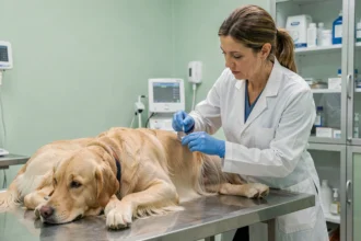 Vétérinaire administrant le vaccin contre la leptospirose à un golden retriever sur une table d'examen