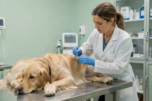 Vétérinaire administrant le vaccin contre la leptospirose à un golden retriever sur une table d'examen