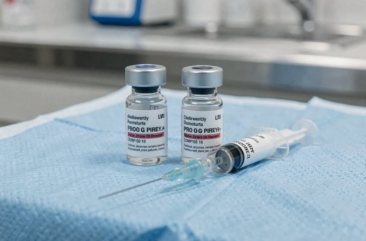 Flacons de vaccins pour lapin et seringue posés sur un tissu médical stérile bleu en clinique vétérinaire
