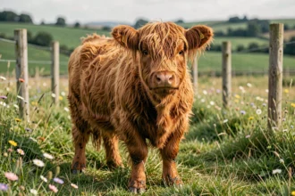 Vache miniature Highland au pelage roux dans un pré verdoyant avec des fleurs sauvages et des clôtures en bois
