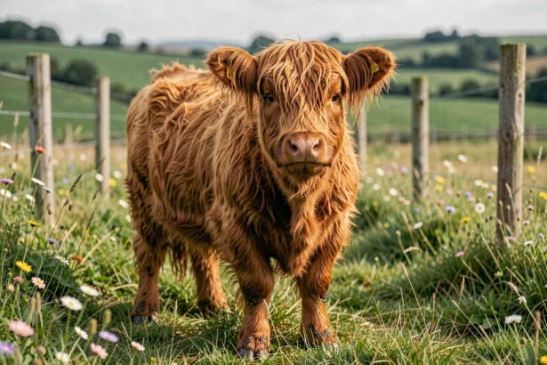 Vache miniature Highland au pelage roux dans un pré verdoyant avec des fleurs sauvages et des clôtures en bois
