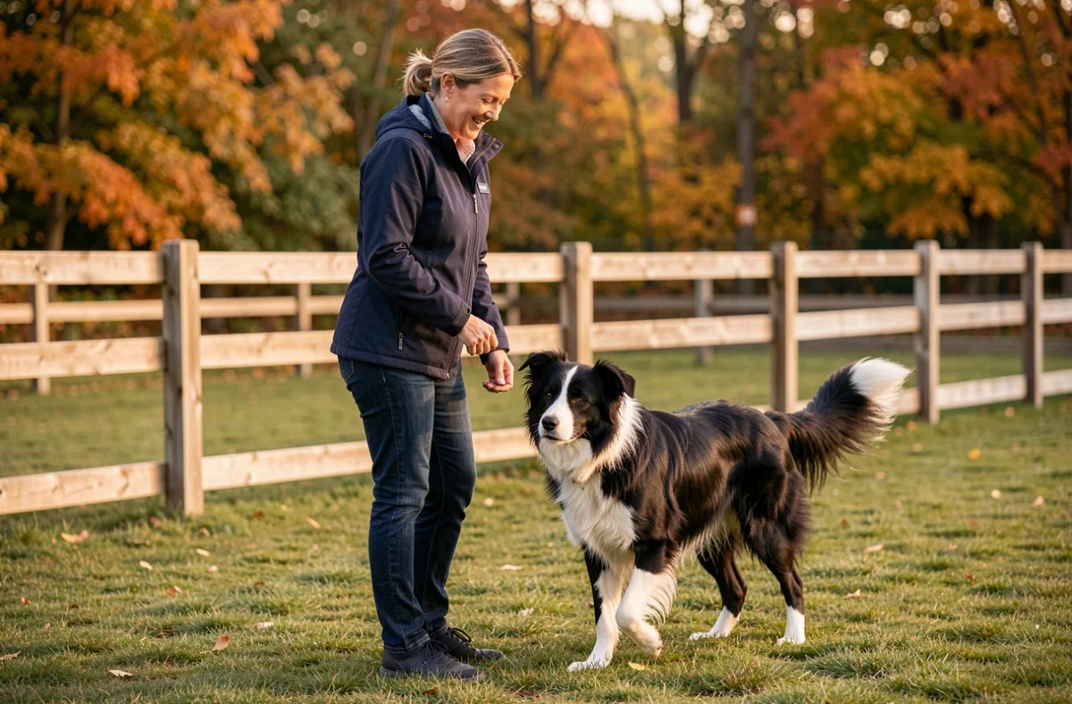 Valérie Schaeffer, éducatrice canine, guidant un border collie lors d'un exercice d'obéissance en extérieur