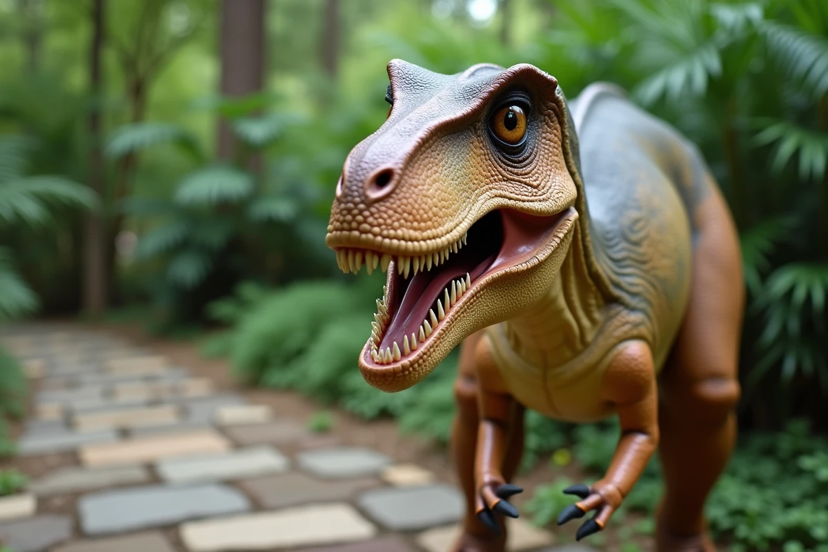 Maquette grandeur nature d'un Vélociraptor dans un parc à thème dinosaures