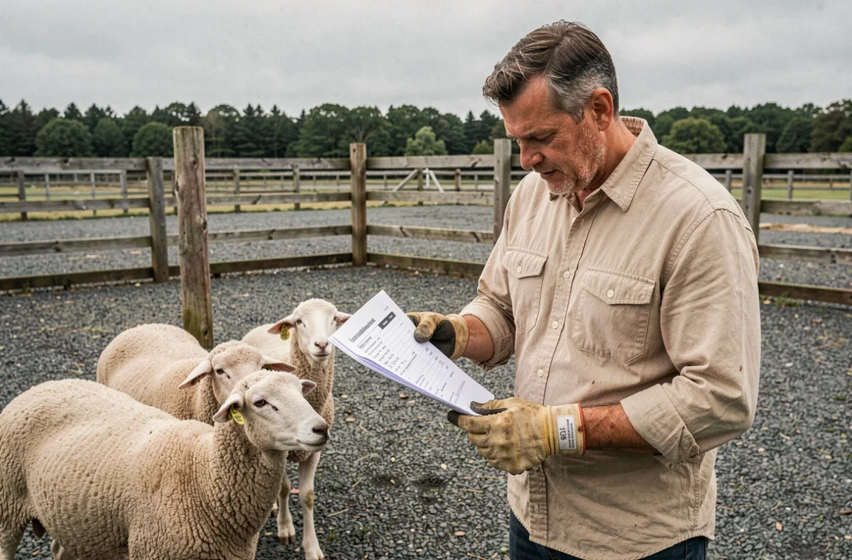 Homme consultant des documents sanitaires et des boucles d'oreilles de moutons Suffolk dans un enclos de ferme avant l'achat