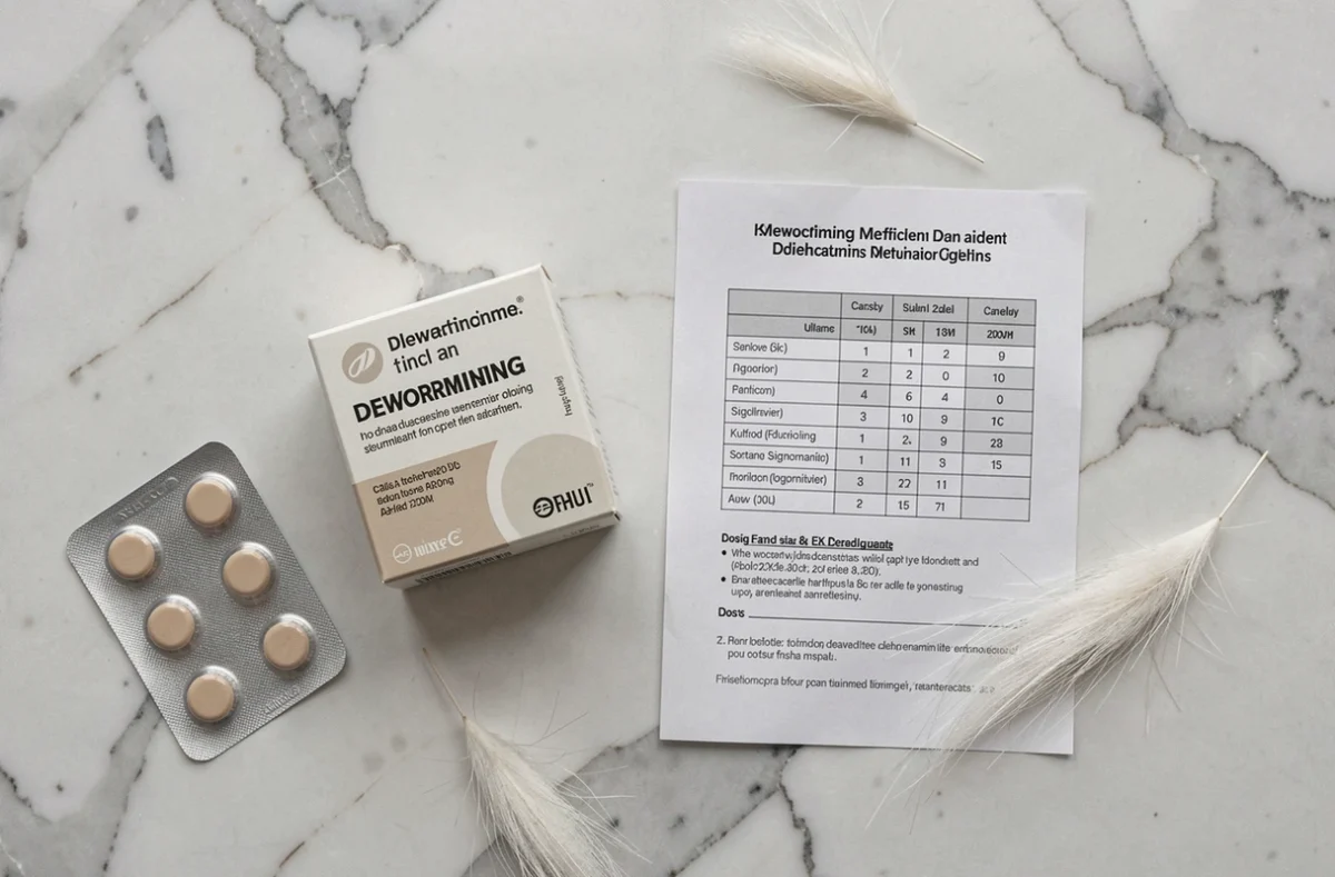 Vue de dessus d'un vermifuge pour chat avec comprimés et calendrier de traitement sur marbre blanc