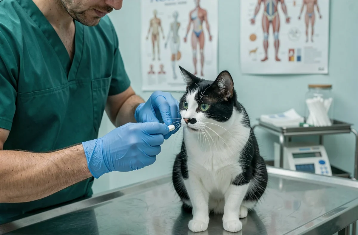 Vétérinaire administrant un comprimé vermifuge à un chat noir et blanc en clinique