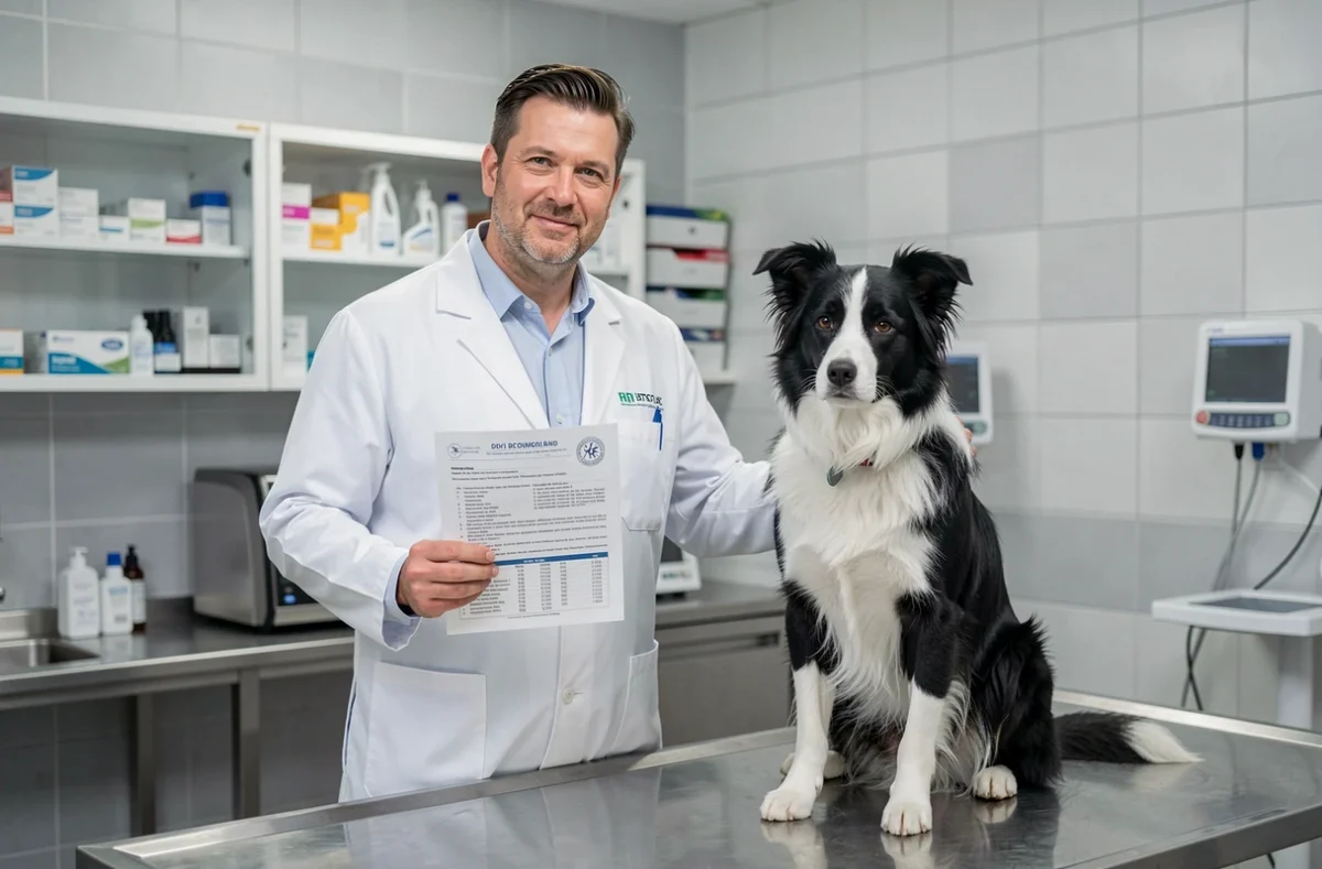 Vétérinaire en clinique expliquant l'alimentation adaptée pour un chien souffrant de diarrhée avec un Border Collie sur la table d'examen