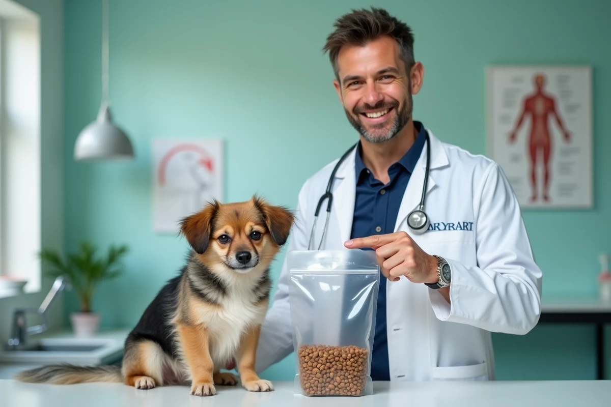 Vétérinaire expliquant les mauvais ingrédients des croquettes pour chien en cabinet vétérinaire