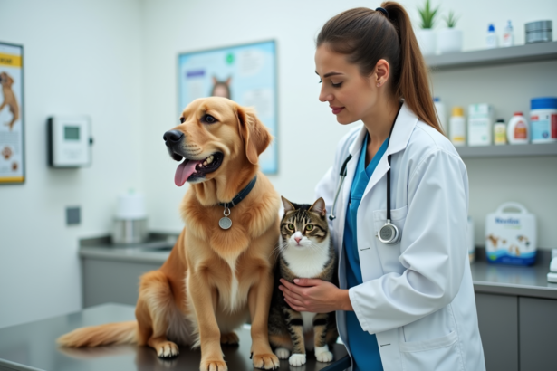 Vétérinaire examinant un chien et un chat en clinique