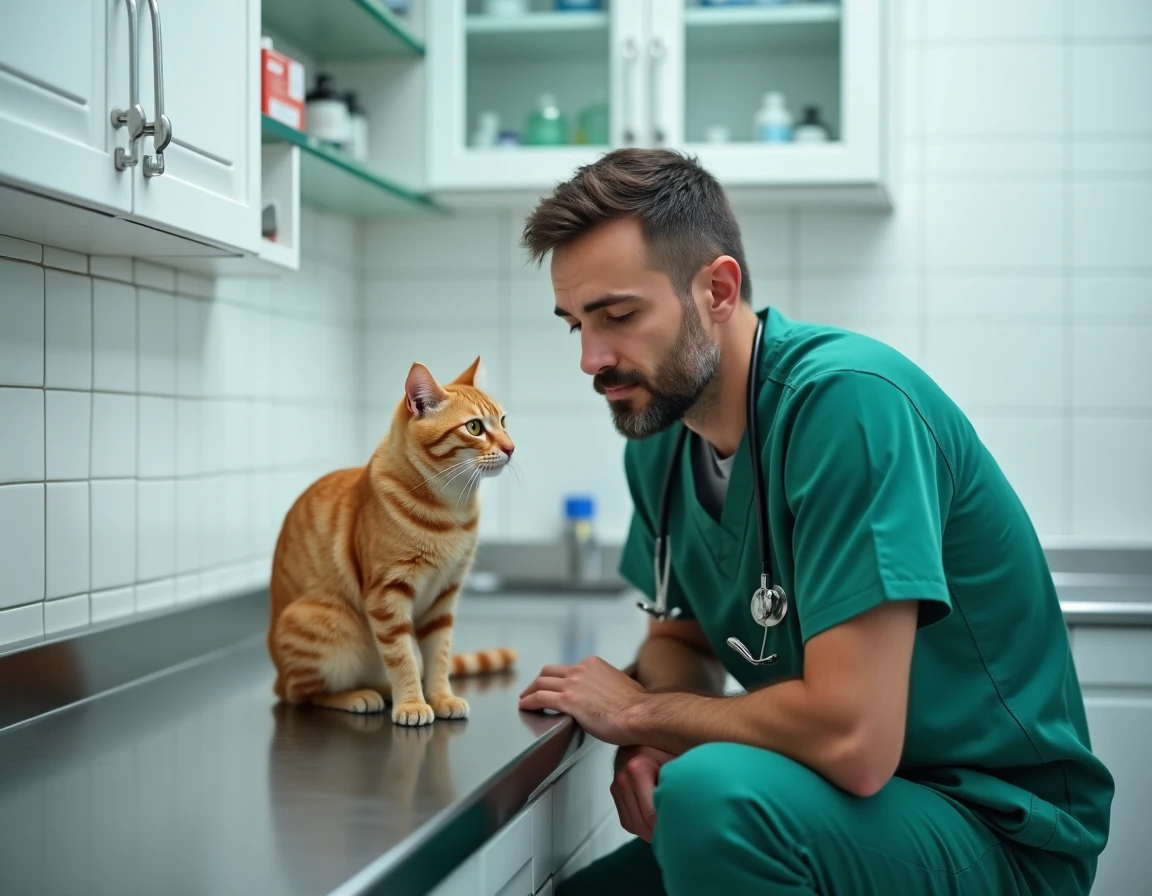 Vétérinaire examinant un chat roux sur une table de consultation dans une clinique vétérinaire professionnelle