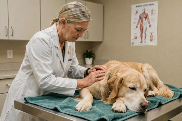 Vétérinaire apposant doucement sa main sur un vieux golden retriever allongé sur une table d'examen dans une clinique vétérinaire