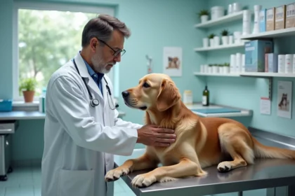 Vétérinaire examinant un golden retriever en clinique