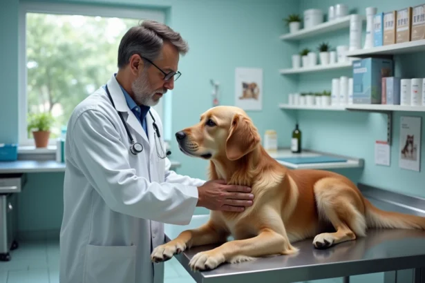 Vétérinaire examinant un golden retriever en clinique