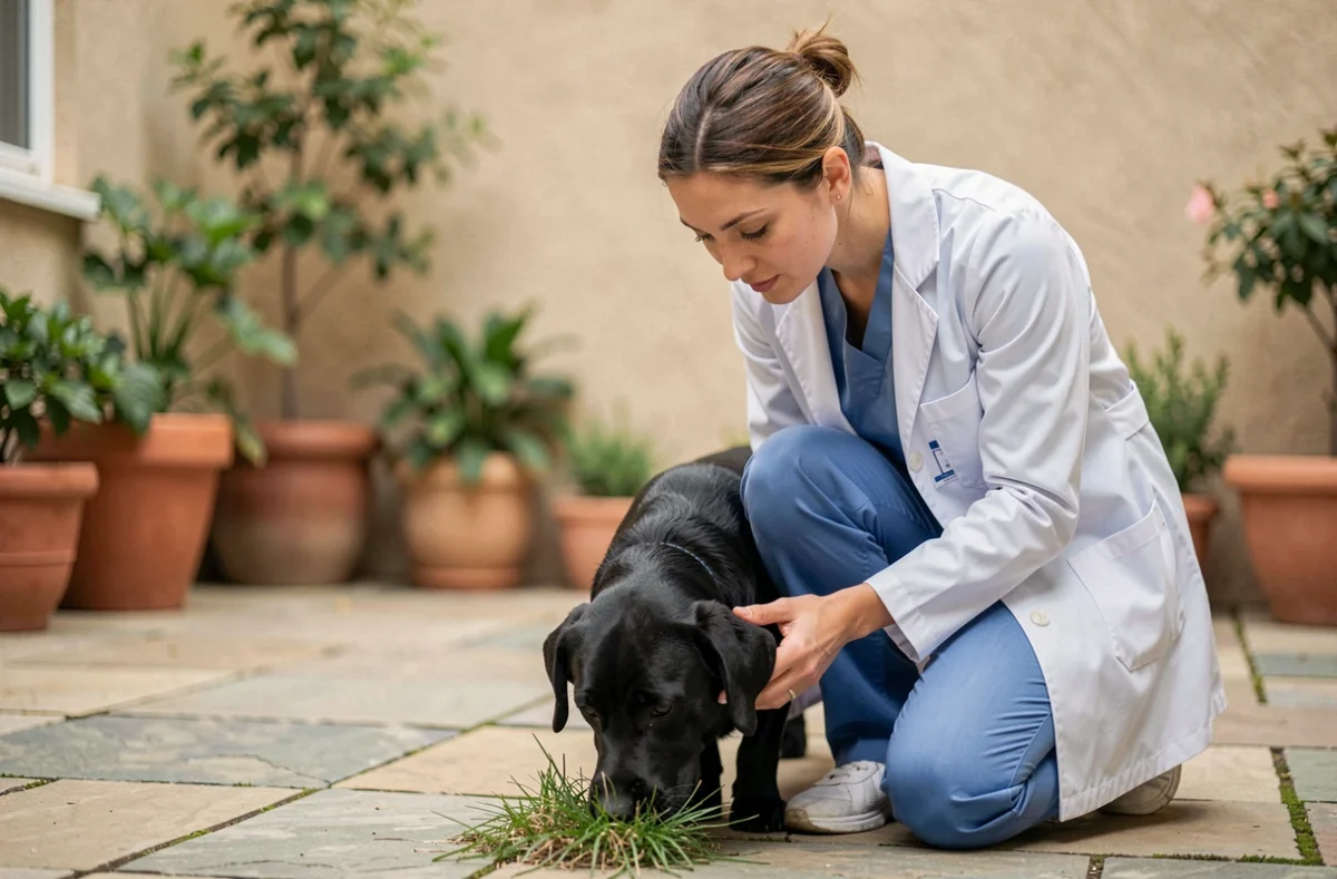 Vétérinaire examinant un labrador noir qui mange de l'herbe dans la cour d'une clinique