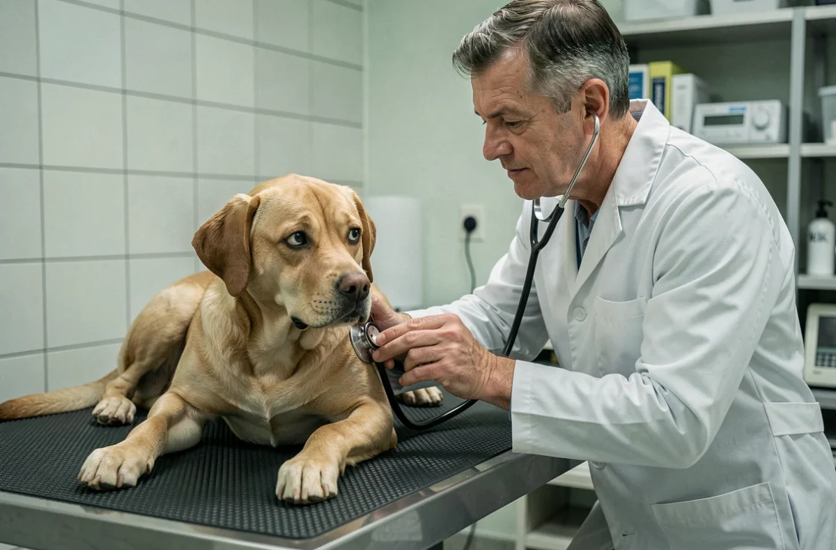 Vétérinaire examinant un chien anxieux et tremblant sur une table de consultation