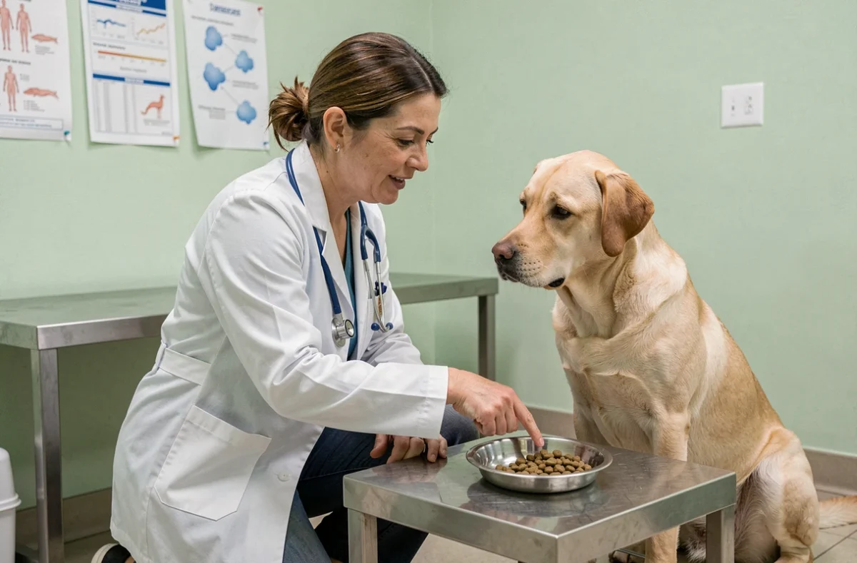 Vétérinaire conseillant un propriétaire sur l'alimentation d'un labrador qui refuse ses croquettes en cabinet vétérinaire