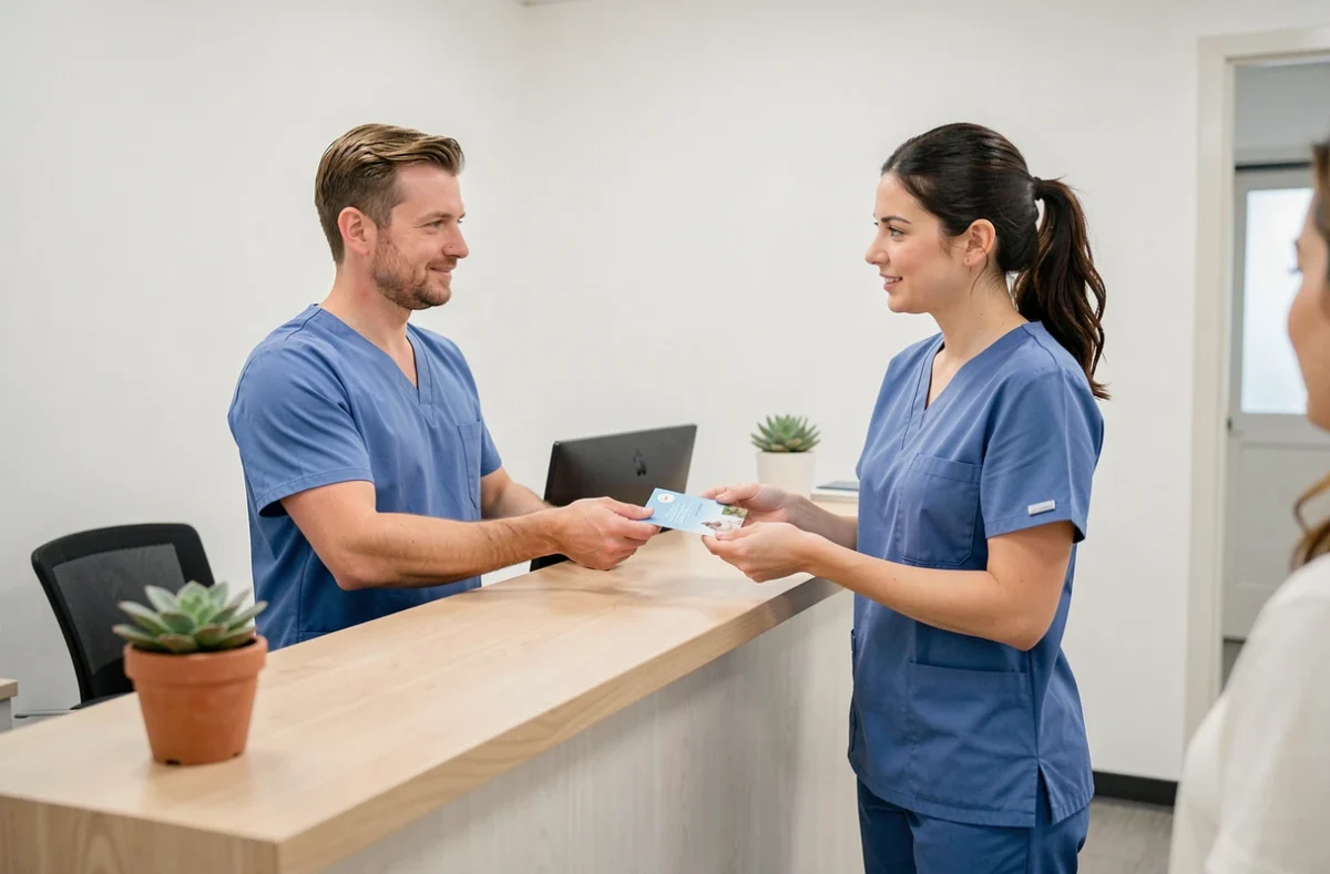 Vétérinaire remettant une brochure sur la crémation animale à un propriétaire dans une clinique vétérinaire moderne