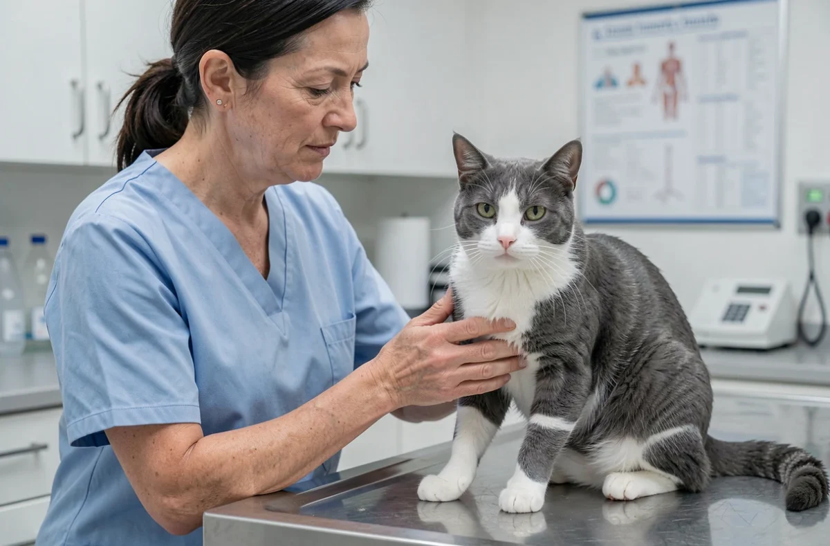 Vétérinaire examinant les articulations d'un chat souffrant d'arthrose lors d'une consultation clinique