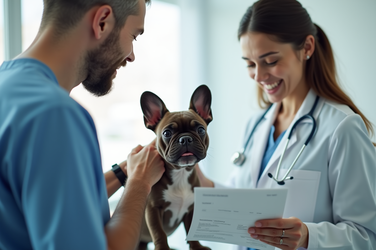 Vétérinaire examinant un bouledogue français dans une clinique propre