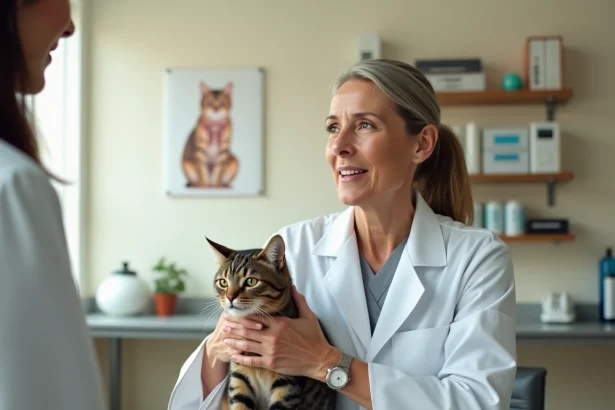 Vétérinaire femme examinant un chat tigré sur une table d'examen en acier inoxydable dans une clinique vétérinaire professionnelle
