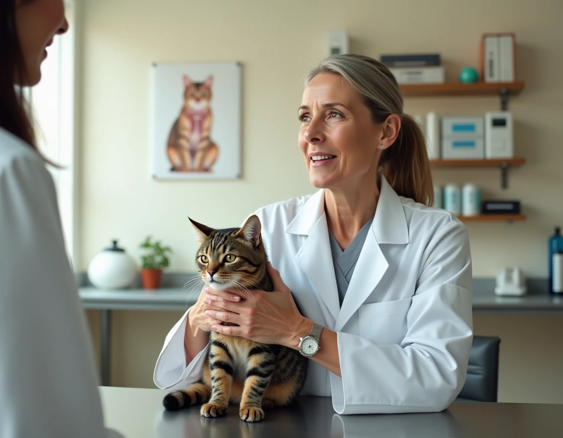 Vétérinaire femme examinant un chat tigré sur une table d'examen en acier inoxydable dans une clinique vétérinaire professionnelle