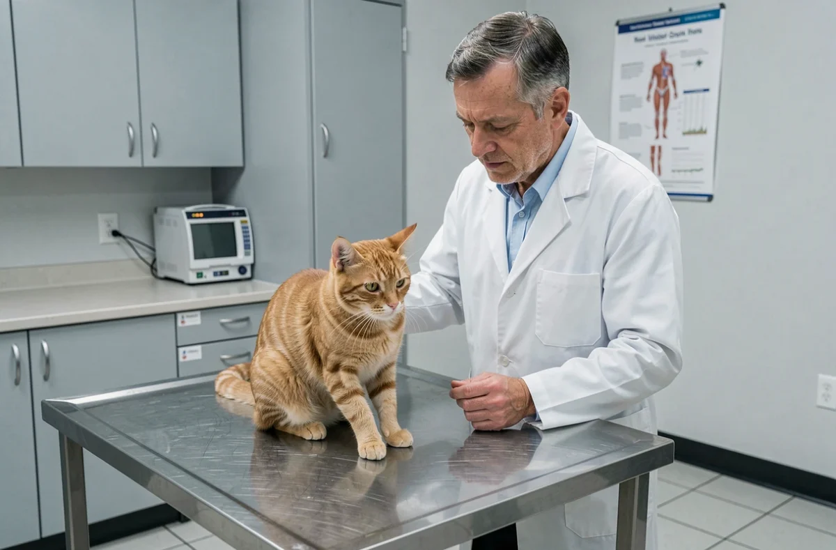 Vétérinaire examinant un chat orange stressé sur une table d'examen en acier, consultation suite à une peur soudaine et inexpliquée