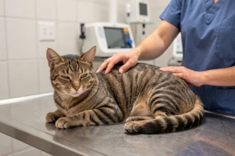 Vétérinaire examinant une chatte tigrée calme sur une table d'examen en clinique vétérinaire avant une stérilisation