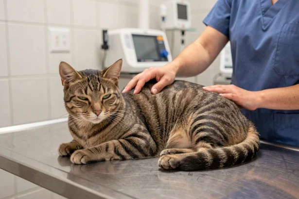 Vétérinaire examinant une chatte tigrée calme sur une table d'examen en clinique vétérinaire avant une stérilisation