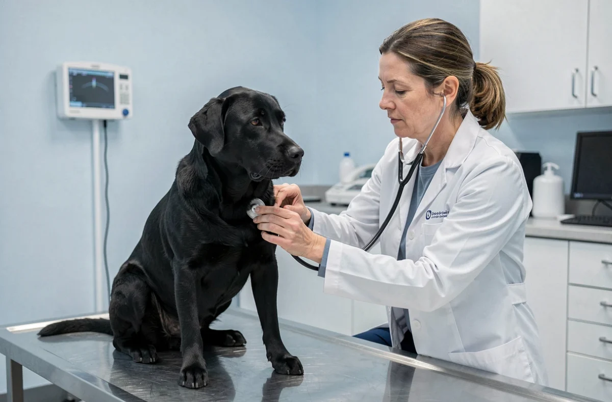 Vétérinaire examinant un labrador noir avec un stéthoscope lors d'une consultation pour difficultés respiratoires