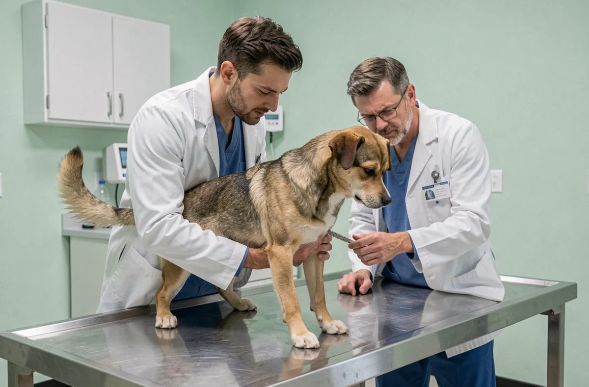 Vétérinaire examinant un chien en position de douleur sur une table d'examen dans une clinique vétérinaire