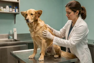 Vétérinaire examinant les glandes anales d'un chien stressé sur une table de consultation