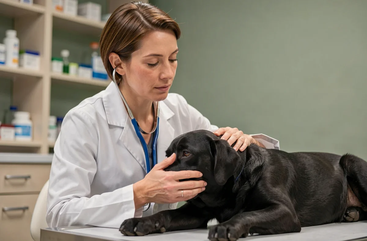 Vétérinaire femme examinant la gorge d'un labrador noir qui tousse lors d'une consultation