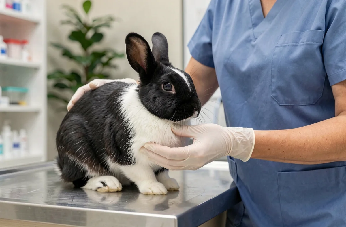 Vétérinaire en blouse bleue examinant un lapin noir et blanc sur une table d'examen en clinique vétérinaire