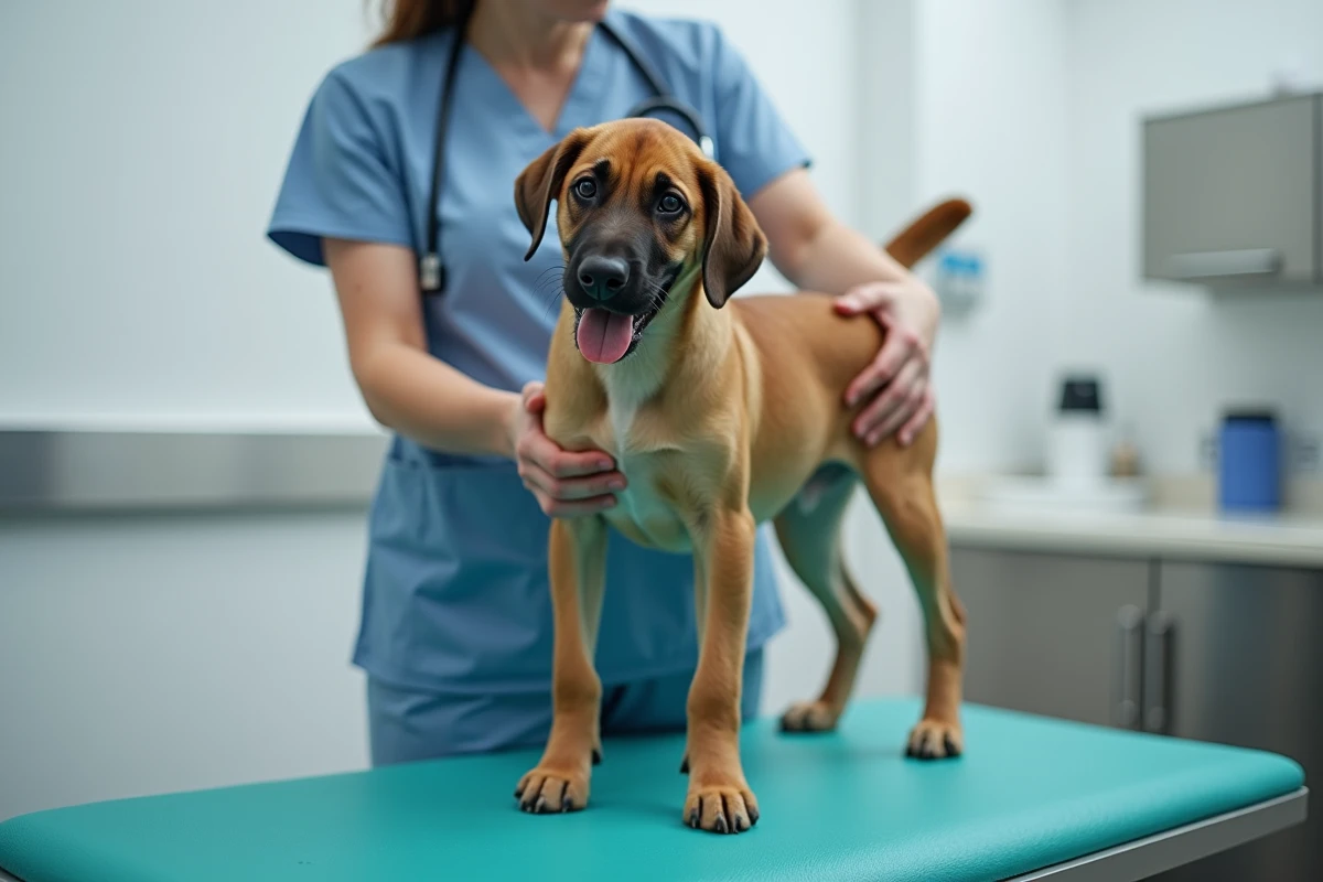 Vétérinaire examinant un jeune Malinois Lab lors d'un bilan de santé en clinique
