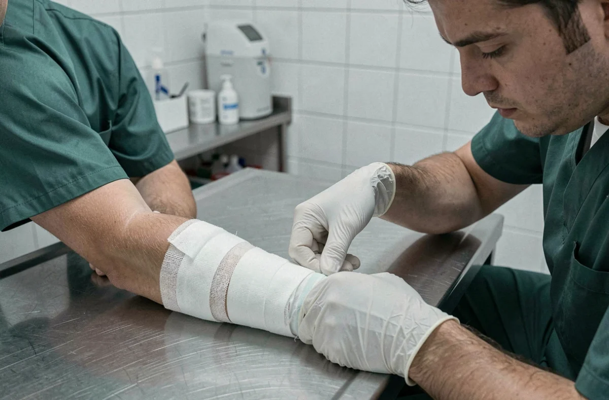 Vétérinaire en cabinet examinant une plaie de morsure de chien sur l'avant-bras d'un patient