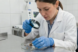 Vétérinaire examinant un échantillon de selles de chien en laboratoire pour détecter la présence de vers parasites