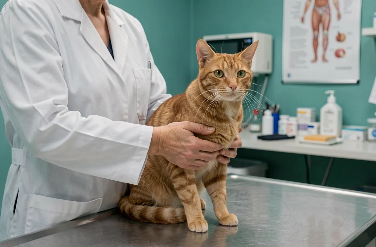 Vétérinaire examinant un chat roux sur une table d'examen en acier dans une clinique vétérinaire