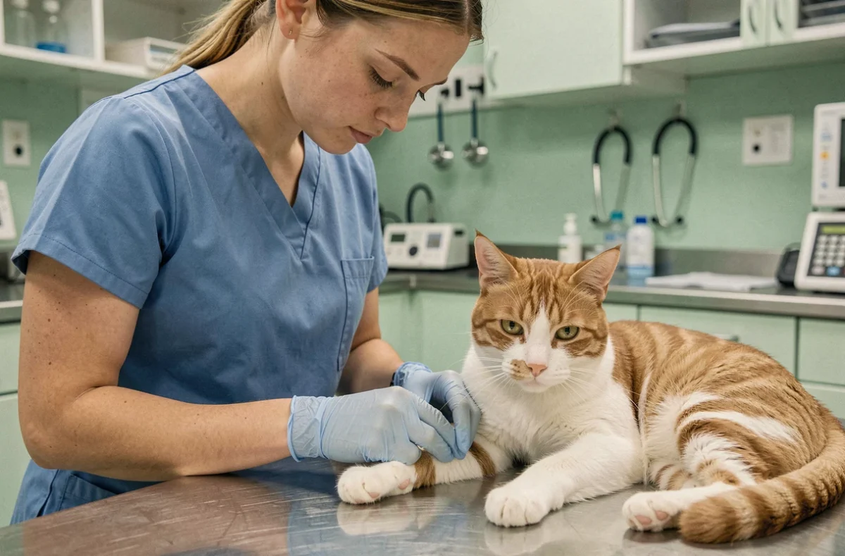 Vétérinaire examinant la patte avant d'un chat roux sur une table de consultation